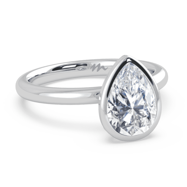 Lottie Pear 10X7 Angled White Gold Moissanite Bezel Rounded Solitaire Ring