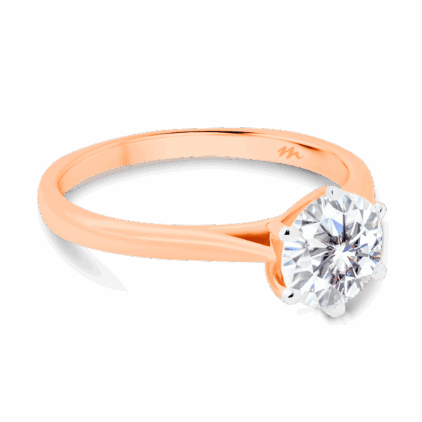 Milton 6 5 Angled Rose Gold Moissanite 6 Prong Crossover Crown Setting Fine Tapered Band Ring