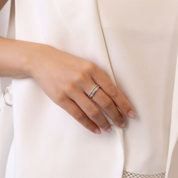 Model Wears Angela 1 1 White Gold Diamond U Prong Half Set Band Sia B Moissanite Baguette Channel Wedding Ring