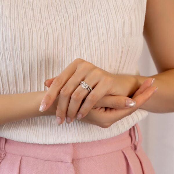 Model Wears Camelia White Gold Diamond Floral Cluster Solitaire Ring Gracie 2 5 Scalloped Round Shared Prong Band