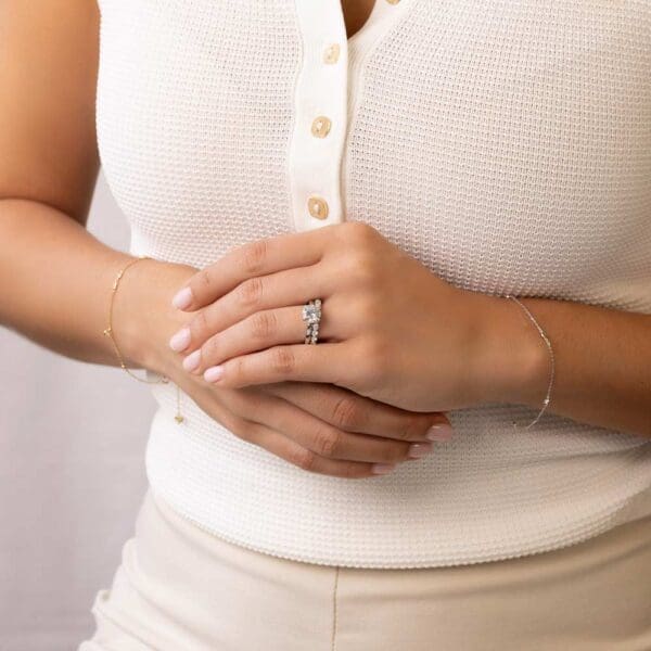 Model Wears Holly Round 8 0 White Gold Diamond 4 Prong Solitaire Ring Gracie 2 5 Platinum Scalloped Shared Prong Band