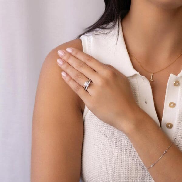 Model Wears Holly Square 7 0 White Gold Diamond Four Prong Solitaire Ring Angelica 2 0 U Prong Set Wedding Band