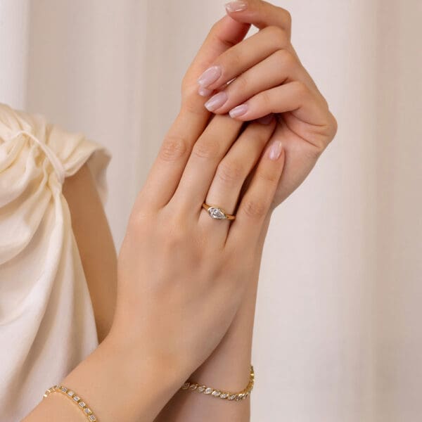 Model Wears Jolene Pear Yellow Gold Lab Grown Diamond East West Knife Edge Bezel Setting Solitaire Ring