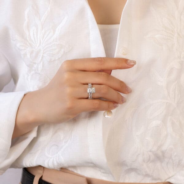 Model Wears Josefa Radiant White Gold Diamond Round Marquise Under Rail Halo Ring
