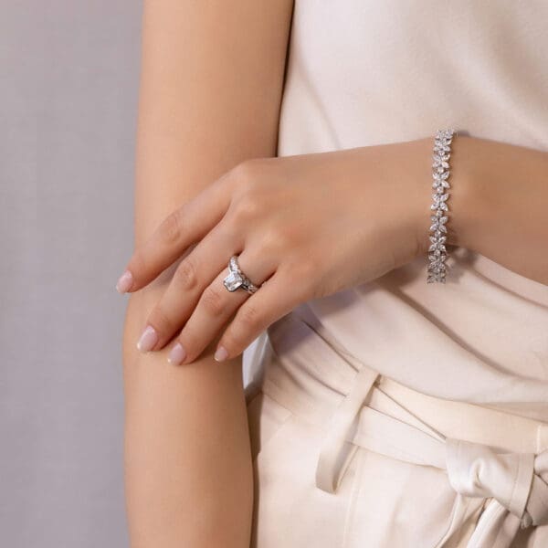 Model Wears Lottie Emerald 8X6 White Gold Moissanite Roxie 2 0 Bezel Ring Kimberly Diamond Marquise Round Tennis Bracelet