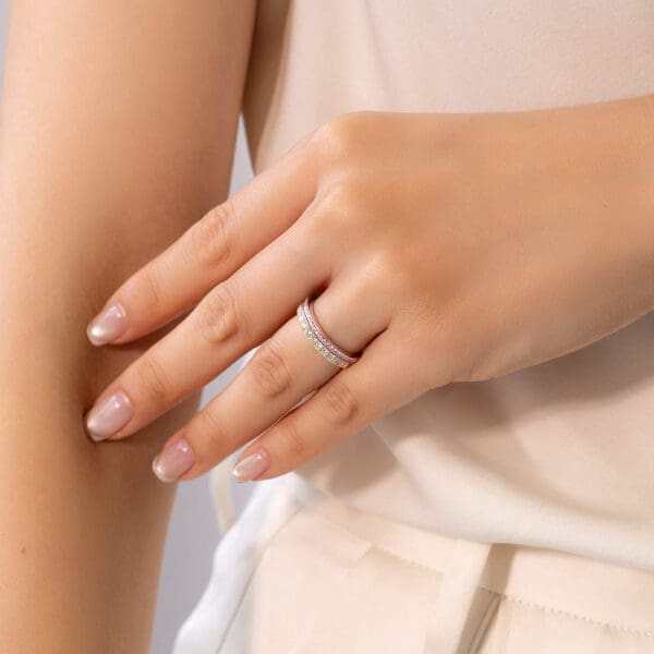 Model Wears Millie 1 1 White Gold Pink Diamond Pave Set Angela 2 0 Yellow Gold U Prong Wedding Rings
