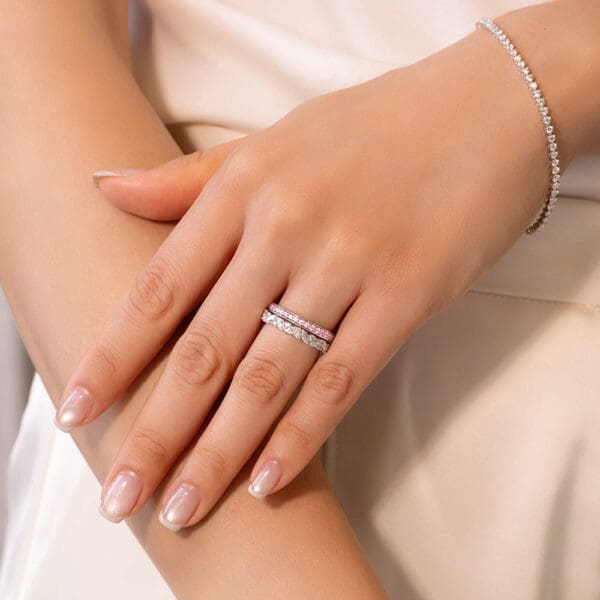 Model Wears Millie 1 5 White Gold Pink Diamond Pave Set Elle Marquise Round Cluster Wedding Rings