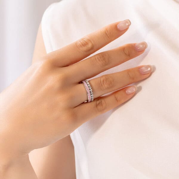 Model Wears Millie 1 7 White Gold Pink Diamond Pave Set Gracie Scalloped Shared Prong Wedding Rings