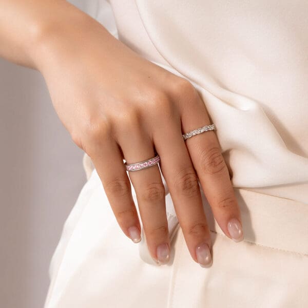 Model Wears Millie 2 5 White Gold Pink Diamond Pave Set Elle Cluster Prong Set Wedding Rings