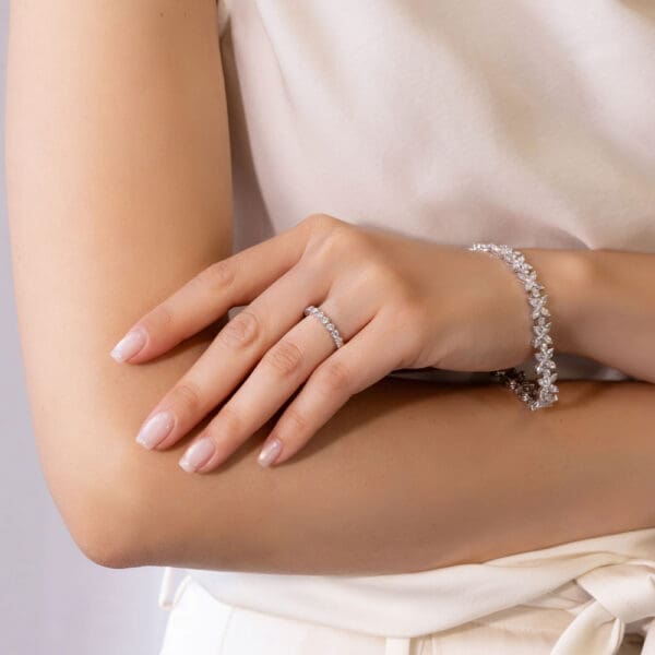 Model Wears Roxie 2 0 White Gold Moissanite Bezel Wedding Ring Kimberly Diamond Tiffany Floral Marquise Round Tennis Bracelet