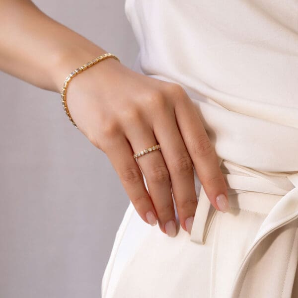 Model Wears Roxie 2 0 Yellow Gold Moissanite Round Bezel Set Band Wedding Ring Perrine Diamond Emerald Tennis Bracelet