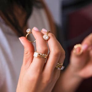 Moi Moi Bezel Set Engagement Rings And Wedding Bands In 18K Carat Gold And Moissanite