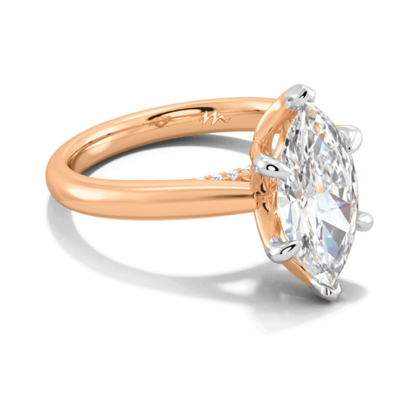 Monet Marquise 13X6 5 Angled Rose Gold Moissanite 6 Prong Petal Basket Accented Bridge Engagement Ring