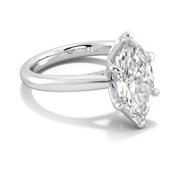 Monet Marquise 14X7 Angled White Gold Moissanite 6 Prong Petal Basket Accented Bridge Engagement Ring