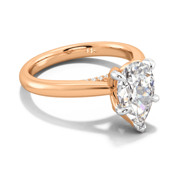 Monet Pear 10 5X7 Angled Rose Gold Moissanite 5 Prong Petal Basket Accented Bridge Engagement Ring
