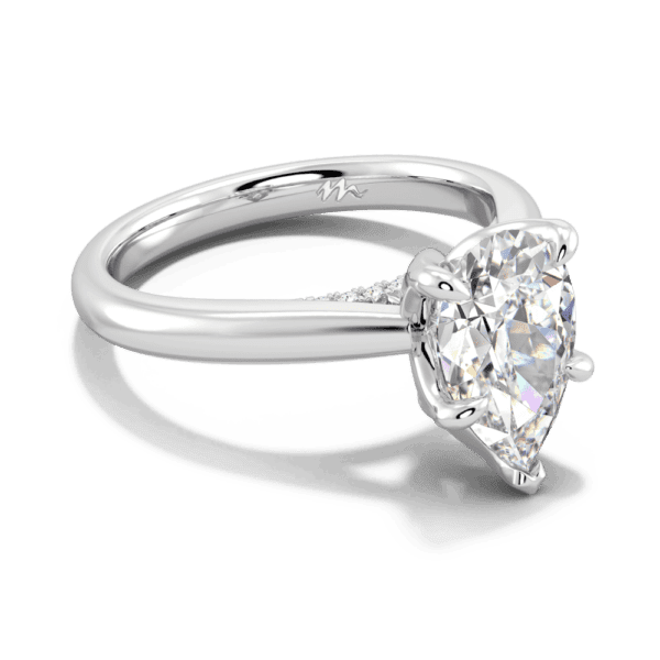 Monet Pear 10 5X7 Angled White Gold Moissanite 5 Prong Petal Basket Accented Bridge Engagement Ring