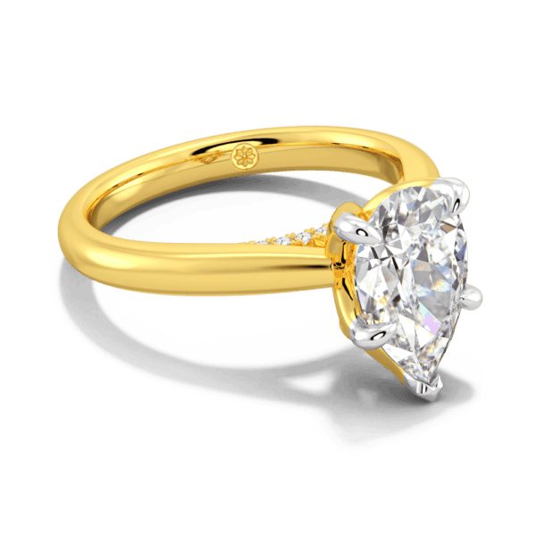 Monet Pear 10 5X7 Angled Yellow Gold Lab Grown Diamond 5 Prong Petal Basket Accented Bridge Engagement Ring