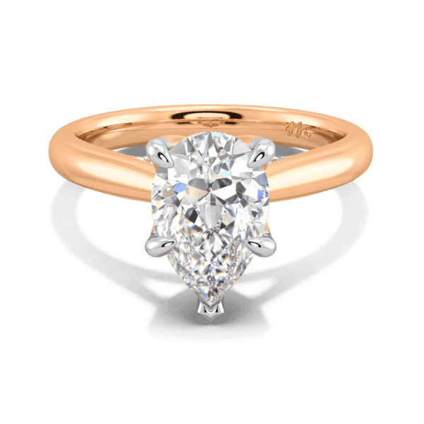 Monet Pear 10 5X7 Front Rose Gold Moissanite 5 Prong Petal Basket Accented Bridge Engagement Ring