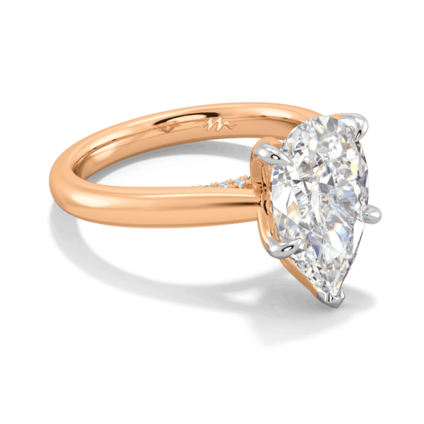 Monet Pear 12X8 Angled Rose Gold Moissanite 5 Prong Petal Basket Accented Bridge Engagement Ring