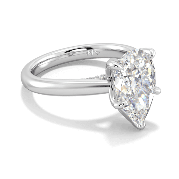 Monet Pear 12X8 Angled White Gold Moissanite 5 Prong Petal Basket Accented Bridge Engagement Ring