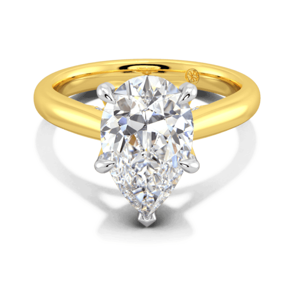 Monet Pear 12X8 Front Yellow Gold Lab Grown Diamond 5 Prong Petal Basket Accented Bridge Engagement Ring