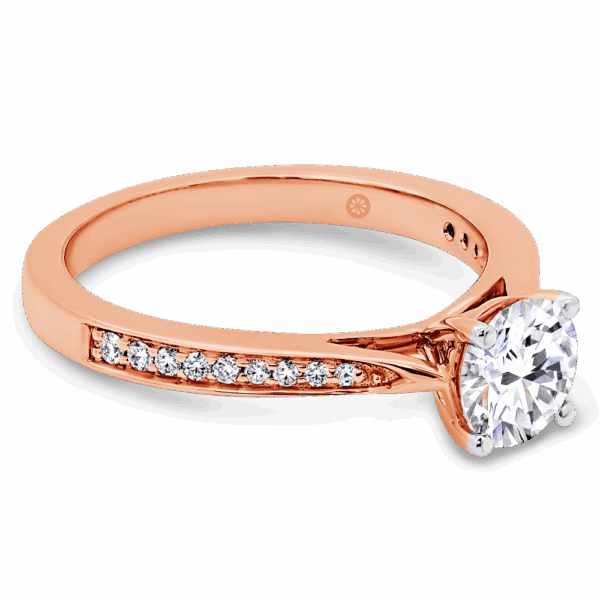 Montana 6 0 Angled Rose Gold Lab Grown Diamond 4 Prong Round Tapered Pave Set Band Ring