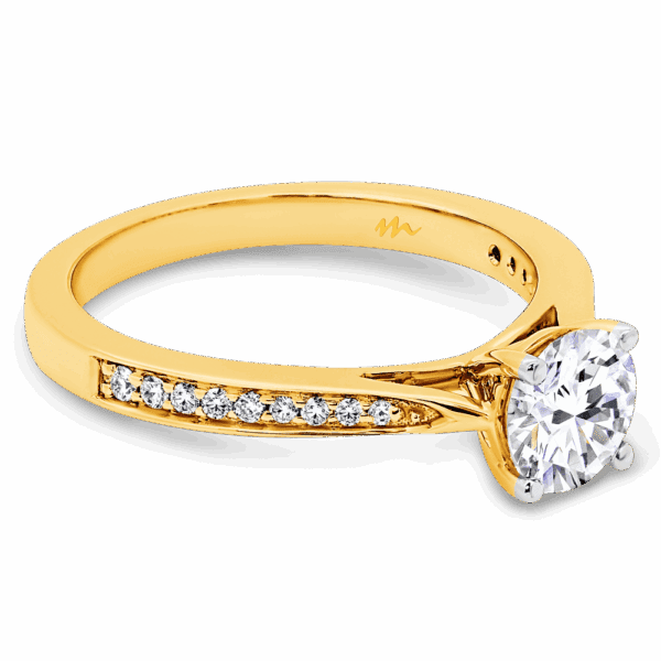 Montana 6 0 Angled Yellow Gold Moissanite 4 Prong Round Tapered Pave Set Band Ring