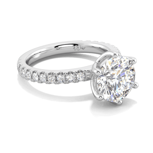 Petunia Round 9 0 Angled White Gold Moissanite Interlocking Petal Basket Prong Set Engagement Ring