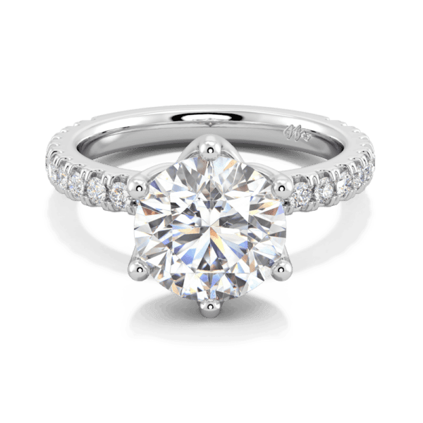 Petunia Round 9 0 Front White Gold Moissanite Interlocking Petal Basket Prong Set Engagement Ring