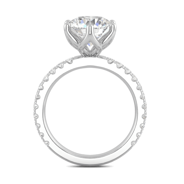 Petunia Round 9 0 Side White Gold Diamond Interlocking Petal Basket Prong Set Engagement Ring