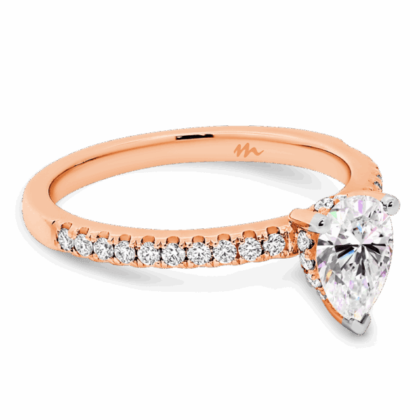 Pia Pear 7X5 Angled Rose Gold Moissanite 3 Prong Under Rail Prong Set Band Ring