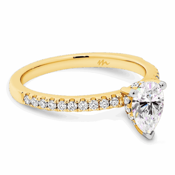 Pia Pear 7X5 Angled Yellow Gold Moissanite 3 Prong Under Rail Prong Set Band Ring