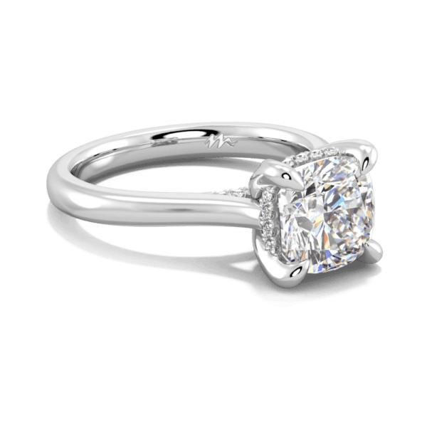 Primrose Cushion 7 5 Angled White Gold Moissanite Petal Basket Under Rail Accented Bridge Engagement Ring