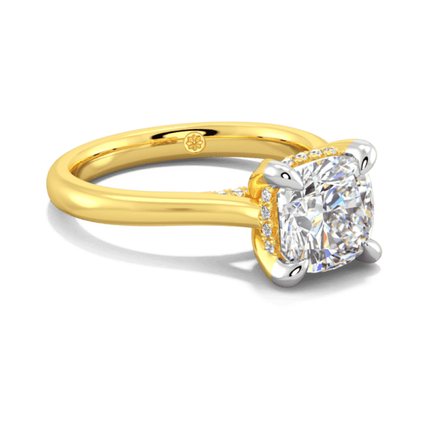 Primrose Cushion 7 5 Angled Yellow Gold Lab Grown Diamond Petal Basket Underrail Accented Bridge Engagement Ring