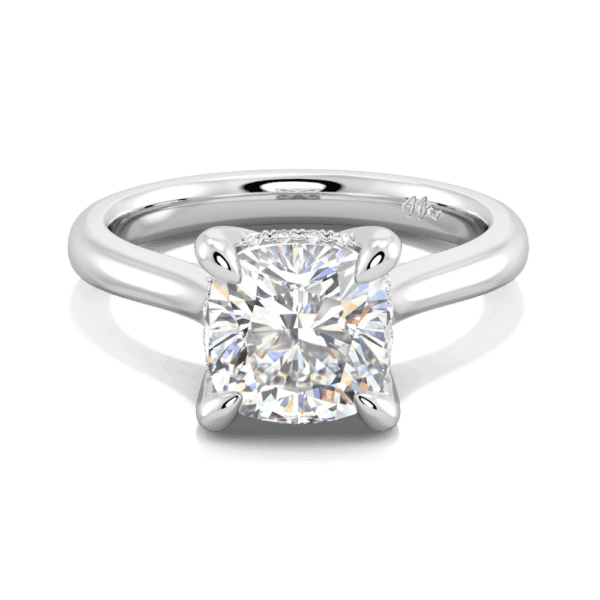 Primrose Cushion 7 5 Front White Gold Moissanite Petal Basket Underrail Accented Bridge Engagement Ring