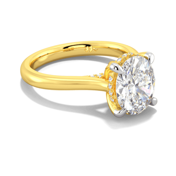 Primrose Oval 10X8 Angled Yellow Gold Moissanite Petal Basket Underrail Accented Bridge Engagement Ring