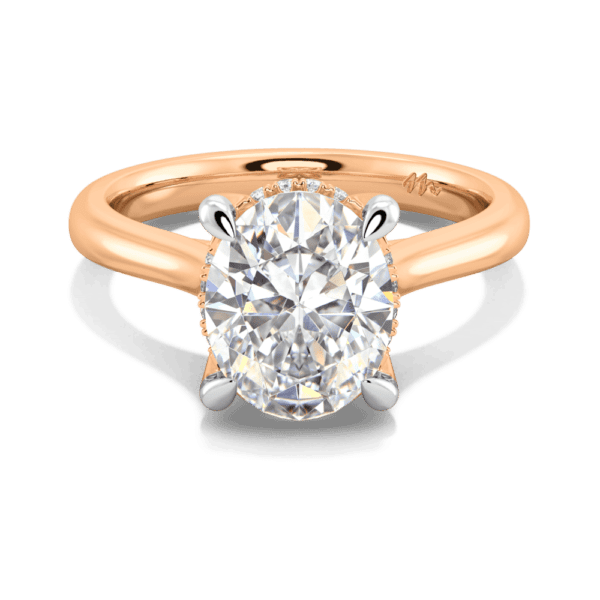 Primrose Oval 10X8 Front Rose Gold Moissanite Petal Basket Underrail Accented Bridge Engagement Ring
