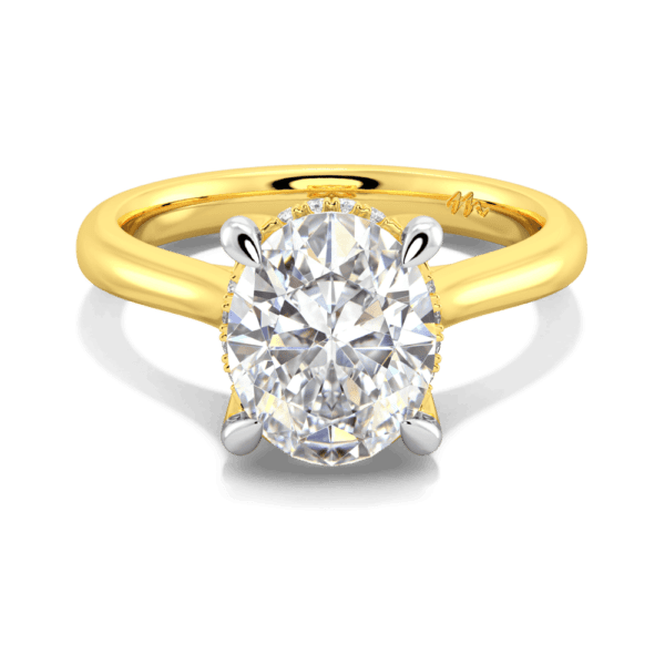 Primrose Oval 10X8 Front Yellow Gold Moissanite Petal Basket Underrail Accented Bridge Engagement Ring