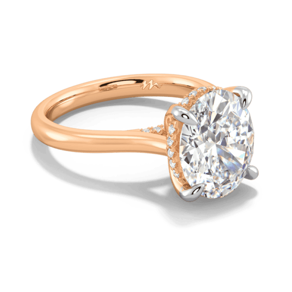 Primrose Oval 11X9 Angled Rose Gold Moissanite Petal Basket Underrail Accented Bridge Engagement Ring