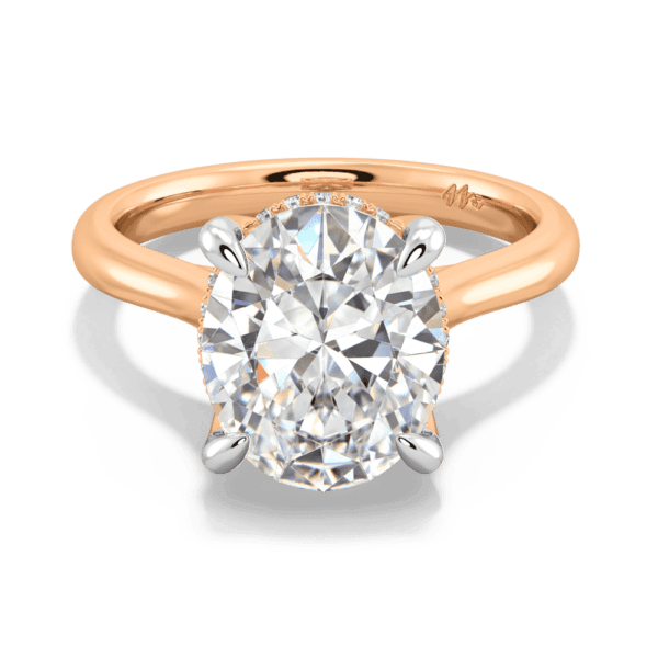 Primrose Oval 11X9 Front Rose Gold Moissanite Petal Basket Underrail Accented Bridge Engagement Ring