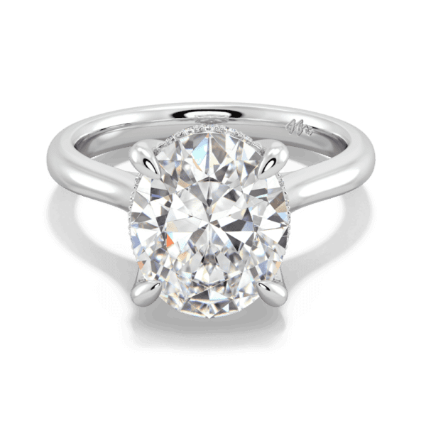 Primrose Oval 11X9 Front White Gold Moissanite Petal Basket Underrail Accented Bridge Engagement Ring