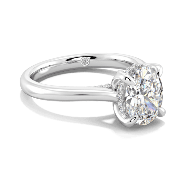 Primrose Oval 9X7 Angled White Gold Lab Grown Diamond Petal Basket Underrail Accented Bridge Engagement Ring