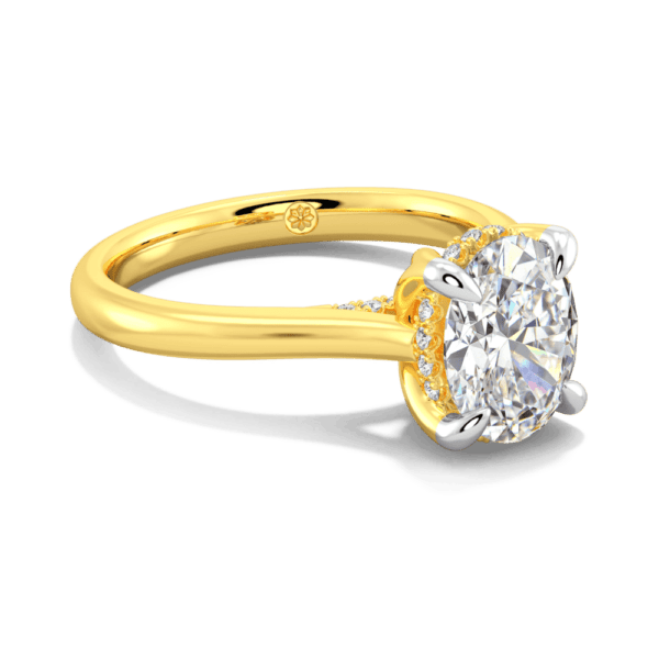 Primrose Oval 9X7 Angled Yellow Gold Lab Grown Diamond Petal Basket Underrail Accented Bridge Engagement Ring