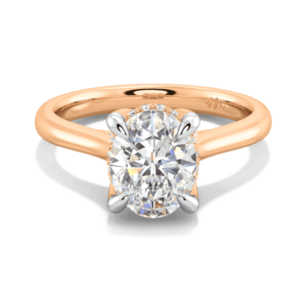 Primrose Oval 9X7 Front Rose Gold Moissanite Petal Basket Underrail Accented Bridge Engagement Ring