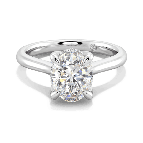 Primrose Oval 9X7 Front White Gold Lab Grown Diamond Petal Basket Underrail Accented Bridge Engagement Ring