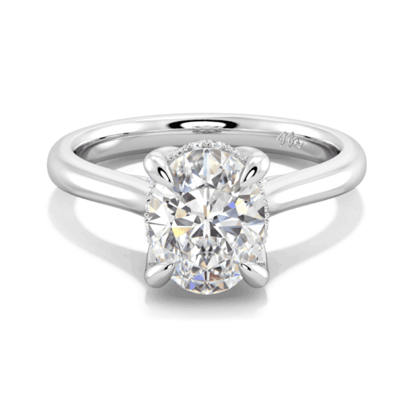Primrose Oval 9X7 Front White Gold Moissanite Petal Basket Underrail Accented Bridge Engagement Ring