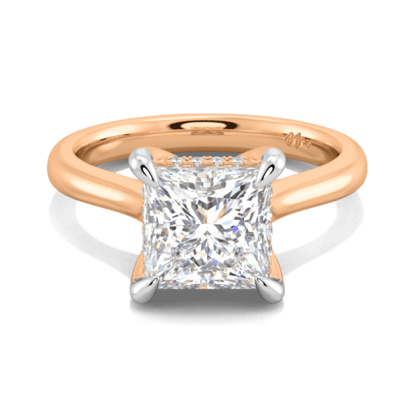 Primrose Square 7 5 Front Rose Gold Moissanite Petal Basket Underrail Accented Bridge Engagement Ring