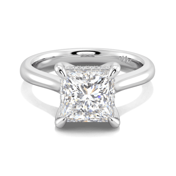 Primrose Square 7 5 Front White Gold Moissanite Petal Basket Underrail Accented Bridge Engagement Ring