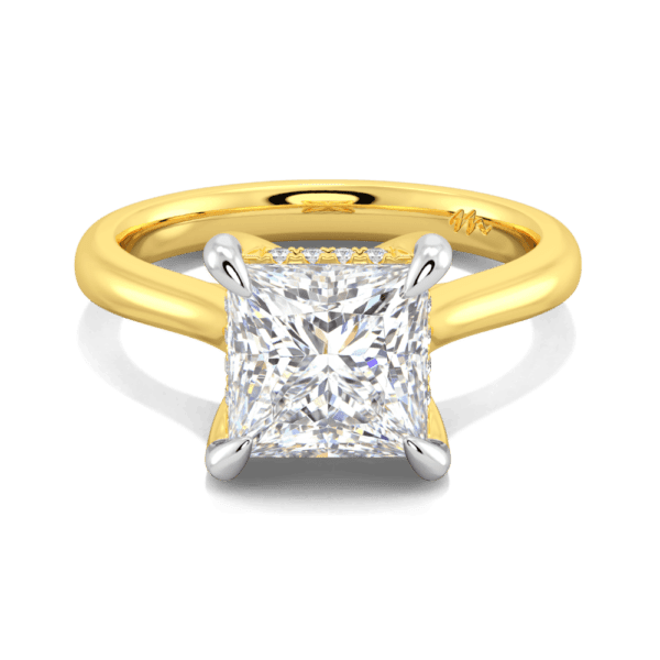 Primrose Square 7 5 Front Yellow Gold Moissanite Petal Basket Underrail Accented Bridge Engagement Ring