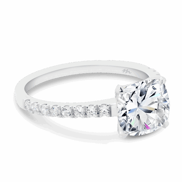 Rosewood Cushion 7 5 Angled White Gold Moissanite 4 Prong Open Basket Fine U Prong Half Band Ring